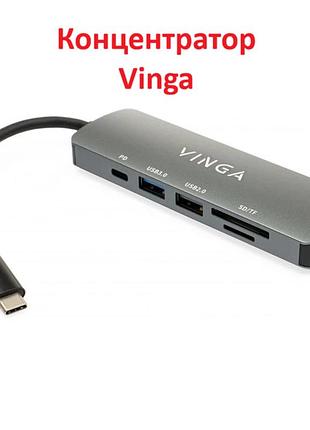 Концентратор usb-хаб vinga usb type-c 3.1 to hdmi+usb3.0+usb 2.0+sd/microsd+pd 6in1 (vhc6)