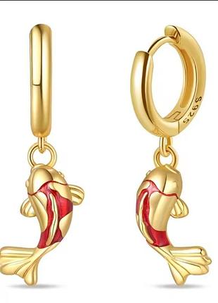 Серьги-кольца из серебра 925 с позолотой «рыбки кой» с эмалью упаковка: брендовый велюровый мешочек pandora
