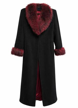 Елегантне чорне довге пальто dorothy perkins з бордовим хутром