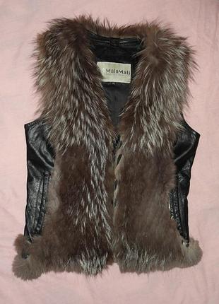 Вінтажна шкіряна жилетка (р.m натуральне хутро/шкіра лайка)