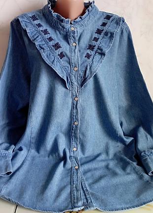 Сорочка жіноча джинсова , блуза з тенісу на кнопках з вишивкою великий розмір anthology denim
