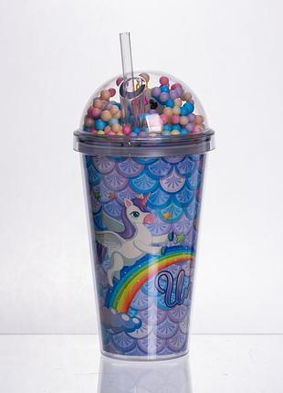 Пластиковий стакан з трубочкою і кришкою багаторазовий блакитний yiwu 400мл hp-18-2y