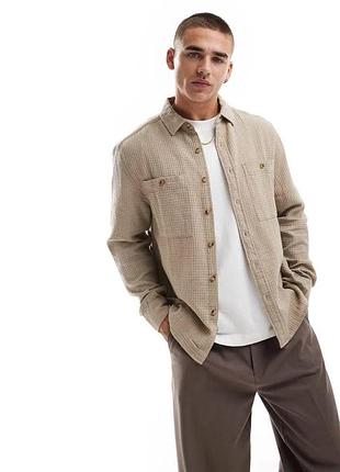 Asos вафельная рубашка бежевая мужская повседневная хлопок большой размер