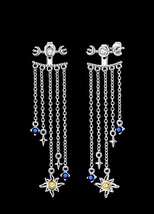 Серьги 2в1 с цепочками подвесками звезды солнце серебро 925
