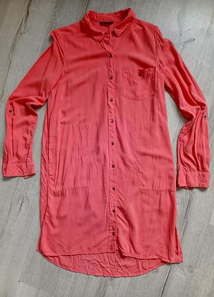 Рубашка платье из вискозы кораллового цвета на пуговицах