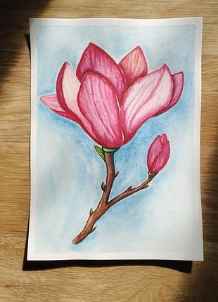 Магнолия, рисунок акварелью, картина для интерьера, романтический подарок