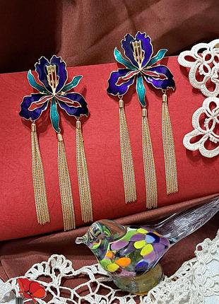 Изысканные длинные серьги цветы "ирисы", дизайнерские