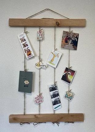 Handmade дерев'яна настінна фоторамка з прищіпками, кедр на ліване, серія hang, розмір 60х45х3 см, білий yew