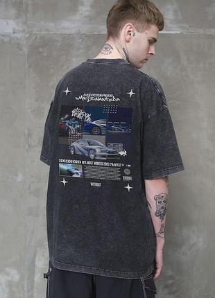 Мужская вываренная оверсайз футболка without washed с принтом wanted black