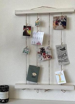 Handmade дерев'яна настінна фоторамка з прищіпками, кедр на ліване, серія hang, розмір 60х45х3 см, білий