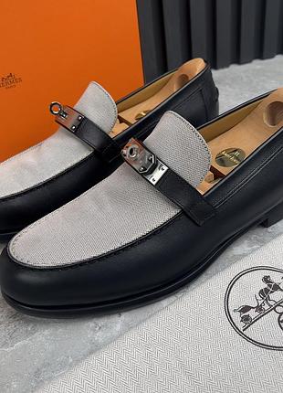 Hermès destin kelly buckle h canvas loafer black leather чоловічі туфлі лофери шкіра оригінал 42.5 eur