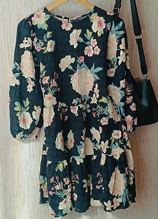 Платье zara цветочное шифоновое темно-синее мини рукав 3/4
