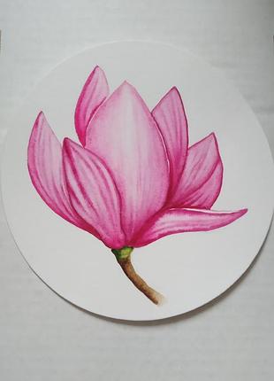 Магнолія, малюнок аквареллю на круглому полотні, картина для інтер'єру, романтичний подарунок