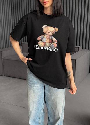 Жіноча базова футболка оверсайз якісна бавовняна подовжена з принтом ведмедик