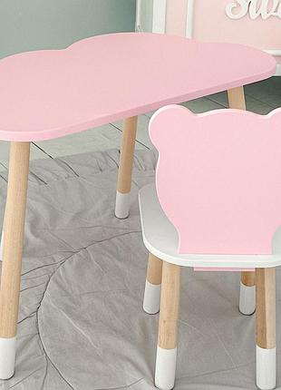 Столик хмарка 46х70х40 та стілець медведик 26.5х26х25, дитячий стіл та стільчик для малювання/занять, рожевий з білим
