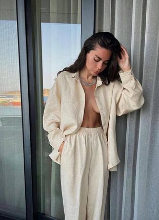 Костюм брючний льон сорочка комір на гудзиках висока посадка