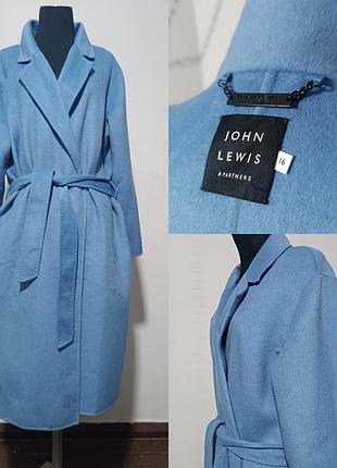 Длинное пальто с отложеным воротником  john lewis &partners , uk16/ xl с поясом из шерсти нежно -голубого цвета оттенок  ультрамарин