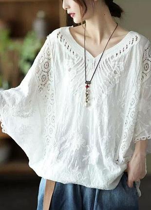 Бавовняна ажурна мереживна сорочка блузка вишиванка туника разлетайка хлопковая кружевная рубашка с вышивкой, женская винтажная блузка с м 44-46 38 10