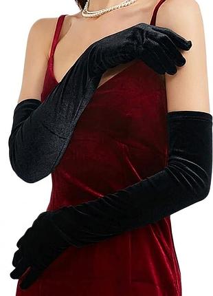 Женские черные перчатки длинные бархатные 30/005