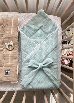 Плед-конверт муслин с полубубонами мята