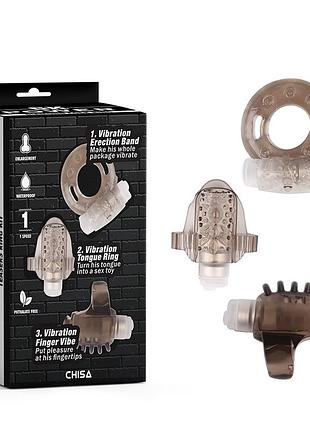 Набор колец с вибрацией: на язык, палец и член chisa gk power grey, серый секс-магазин взрослых игрушек