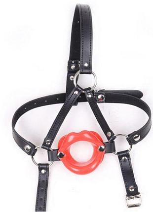 Red rubber lip shape faux leather harness open mouth gag секс-магазин взрослых игрушек