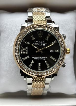 Хит! женские часы на браслете rolex комбинированного цвета с черным циферблатом