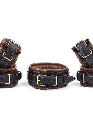 Leather 5 pieces restraints set hand neck foot handcuffs brown + black секс-магазин дорослих іграшок