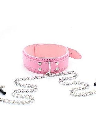 Розовый ошейник с зажимами для сосков секс-магазин взрослых игрушек