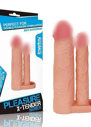 Насадка на член для подвыйного проникнення - pleasure x-tender double penis sleeve add 2" flesh