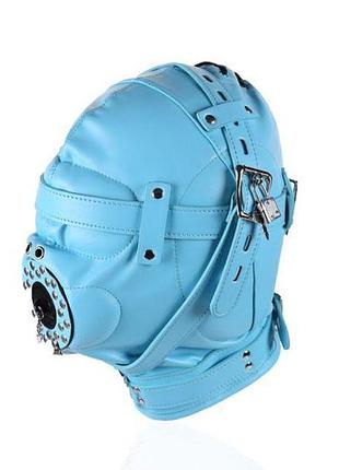 Голубая полностью закрытая бдсм маска leather hood секс-магазин взрослых игрушек