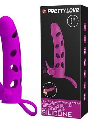 Насадка на член - pretty love vibrating penis sleeve with ball strap 6" purple