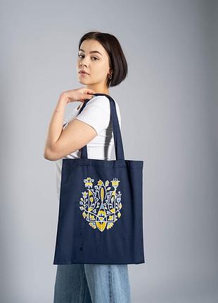 Эко-сумка для покупок в украинском стиле "тризуб цветочный" синяя