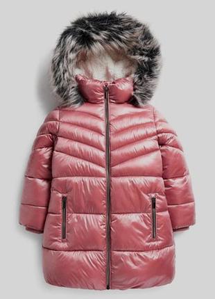 Фирменная удлиненная теплая куртка next для девочки | пудровый металлик | идеальное состояние