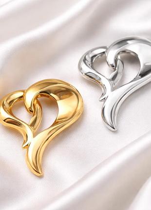 Брошка велика серце мінімалізм, золота або срібна брошка heart, стильна брошка нержавіюча сталь