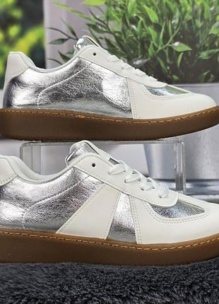 Кросівки кеди жіночі sopra білі зі сріблястим еко-шкіра 8327