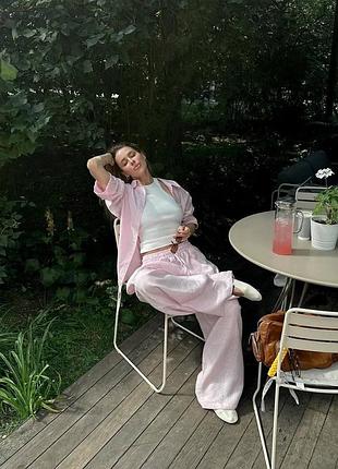 Жіночий класичний лляний костюм двійка штани та сорочка