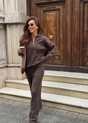 Вязаный теплый костюм свитер на молнии и брюки штаны шерсть