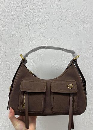 💎 pinko suede cargo shoulder bag brown/gold 28 х 14 х 10 см