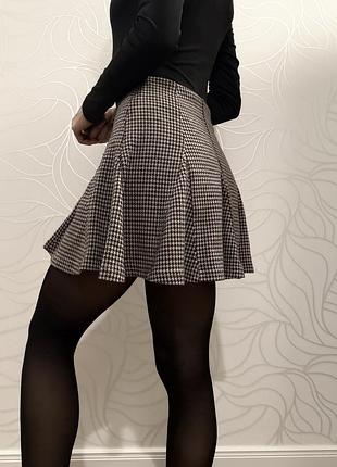 Міні-спідниця кльош у принт гусяча лапка, висока талія