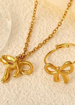 Комплект бантик кольцо цепочки с кулоном нержавеющая сталь stainless steel