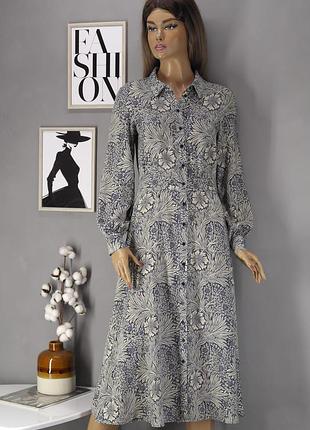 Брендовое вискозное платье-рубашка "morris & co. x h&m" с растительным принтом. размер uk8/eur36.