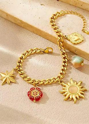 Масивний браслет-ланцюг із сонцем та зіркою, нержавіюча сталь