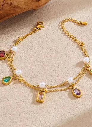 Подвійний браслет із намистинами та кольоровими вставками, нержавіюча сталь