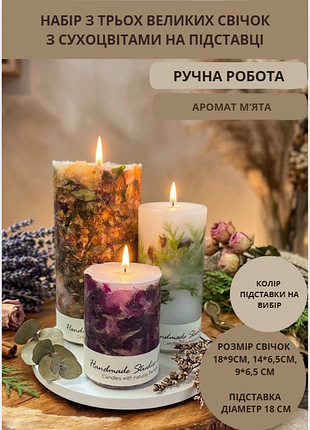 Набір великих декоративних свічок ручної роботи свічки ароматичні в наборі з 3 шт на підставці з хвоєю, півонією і міксом сухоцвітів з ароматом м'ята