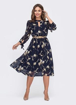 Шифонова розкльошена сукня темно-синя в принт | 94963