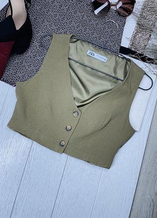 Вкорочений жилет жилет на ґудзиках хакі жіночий жилет з льоном зара