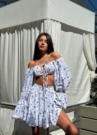 Літній костюм зі спідницею топ бандо відкриті плечі сонце спідниця міні висока посадка на резинці квітковий принт завязки волани