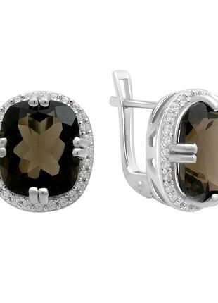 Срібні сережки ortex з натуральним раухтопазом (димчастим кварцем) 10.34ct, фіанітами (2180357)