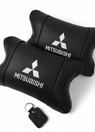 Подушки mitsubishi из натуральной кожи, автоподушки на подголовник + кожаный брелок с логотипом